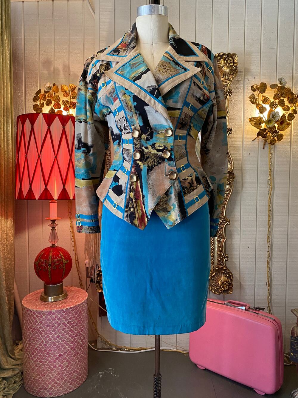 vintage 1980s abstract peplum IIF suit, 80s 2 piece jacket skirt, mugler style